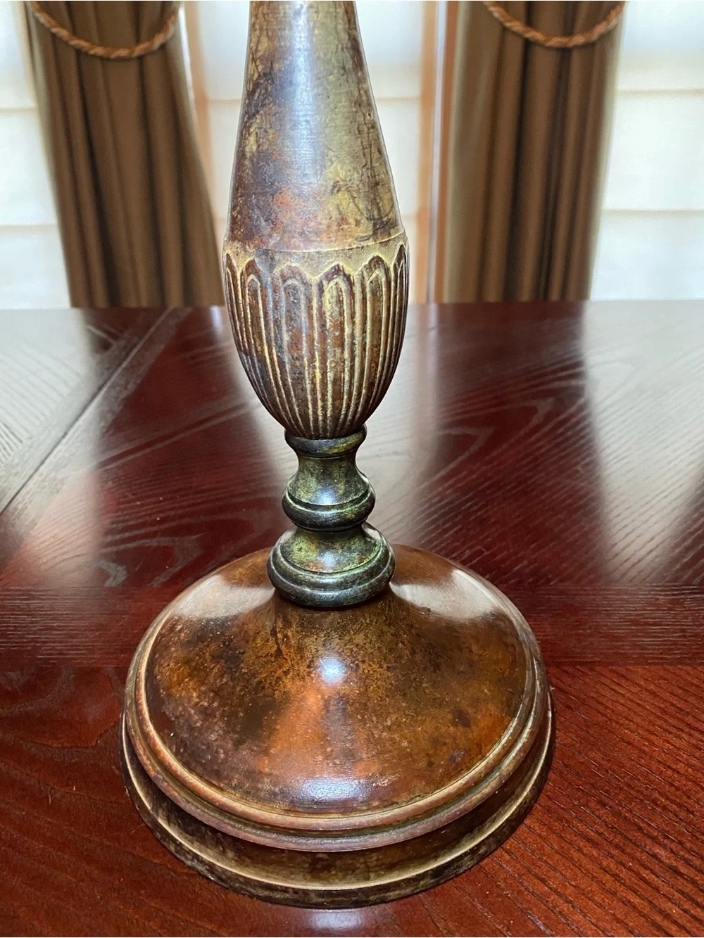 Decorative 20.5 inch painted metal candlestick with lWood-Tone and patina finish